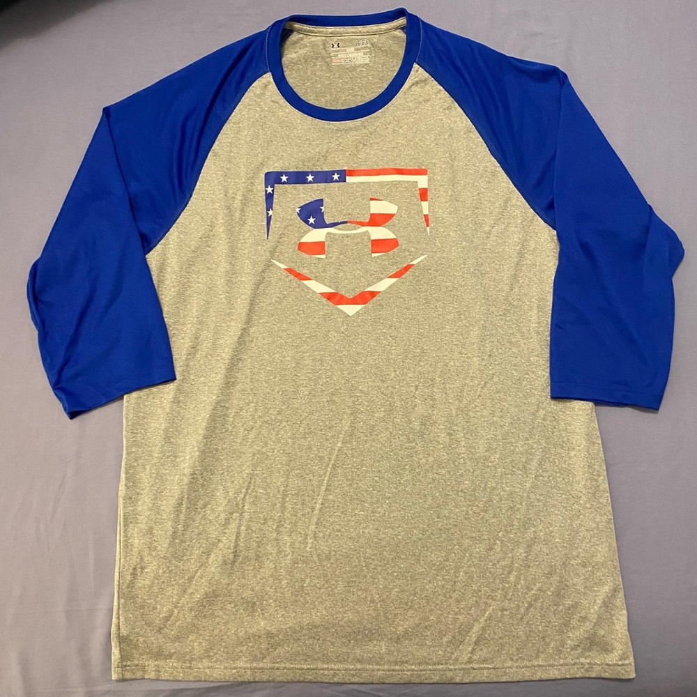 Under Armour Baseball T-Shirt Men’s Large Heat Gear Loose Fit Gray and Blue